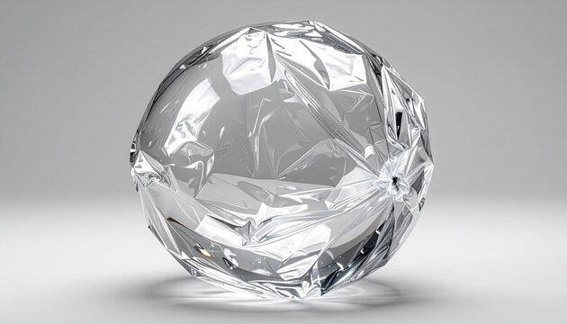 Wrinkled transparent cellophane wrapping film ball with glossy reflections isolated on transparent background