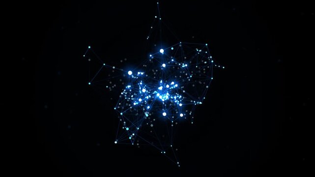 Abstract glowing blue plexus data cluster with moving nodes and lines. Futuristic cyber technology and artificial intelligence motion graphics loop.