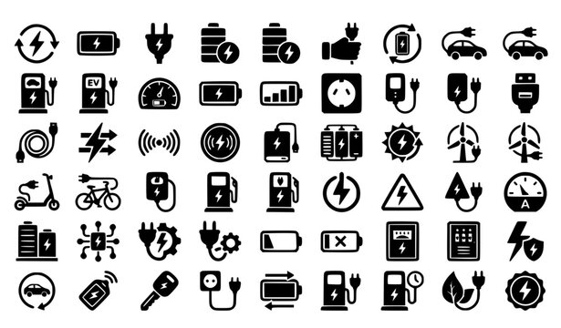 Charging Icon Set with 42 Solid Battery Electricity Energy EV Charger and Power Symbols