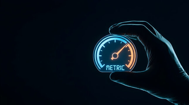 Gloved hand holding a glowing digital speedometer icon against a dark background