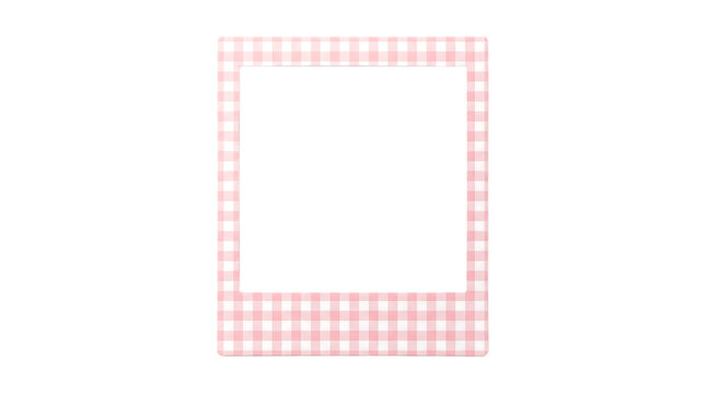 Square instant photo frame with pink and white checkered gingham pattern border isolated on white transparent background