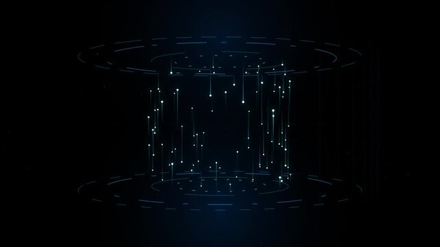 Dynamic 3D wireframe HUD cylinder with moving vertical light particles. Cyberspace database, AI core, and high-tech network animation.