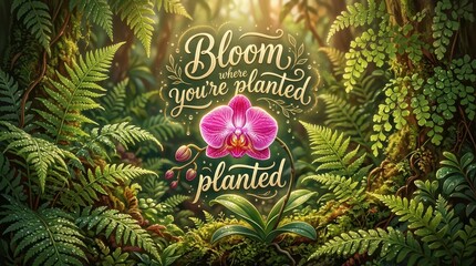 Obraz premium Inspirational Bloom Where You're Planted Quote with Pink Orchid and Lush Green Ferns in Sunlight