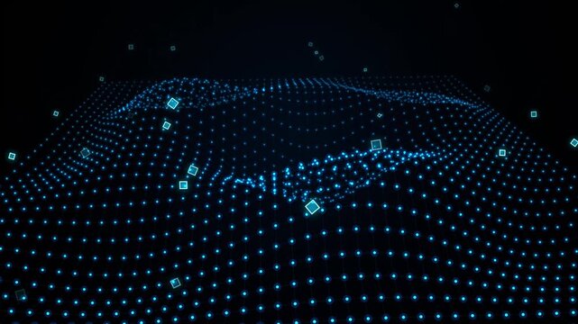 Abstract glowing cyan plexus wave terrain with floating geometric particles. Futuristic digital landscape and big data motion graphics loop.