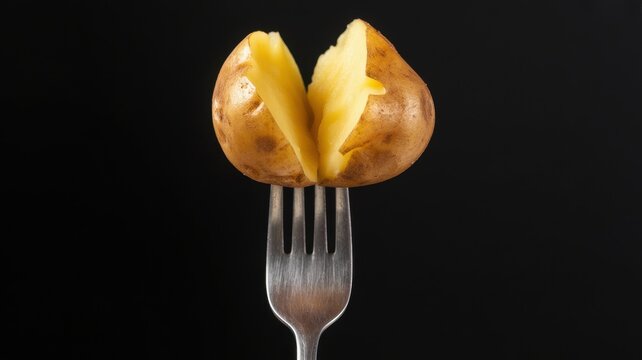 Boiled potato split open on a fork against black background