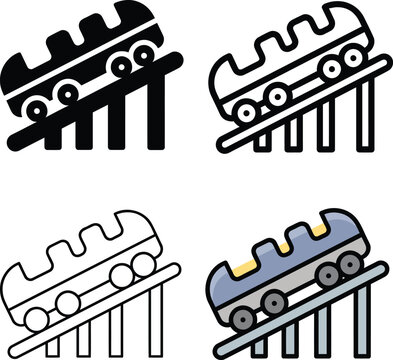 Roller Coaster Cart Icons Set: Amusement Park Thrilling Ride Symbols for Speed and Adventure on a Track, Carnival and Fairground Rides