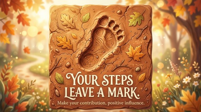 Footprint in Stone with Autumn Foliage and Inspirational Text: Your Steps Leave a Mark, Make Your Contribution, Positive Influence