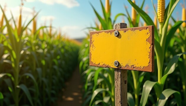 cornfield sign weathered yellow metal sign on wooden post among tall green corn rows during golden hour, cornfield sign showing rusted texture and peeling paint and sunlit leaves,