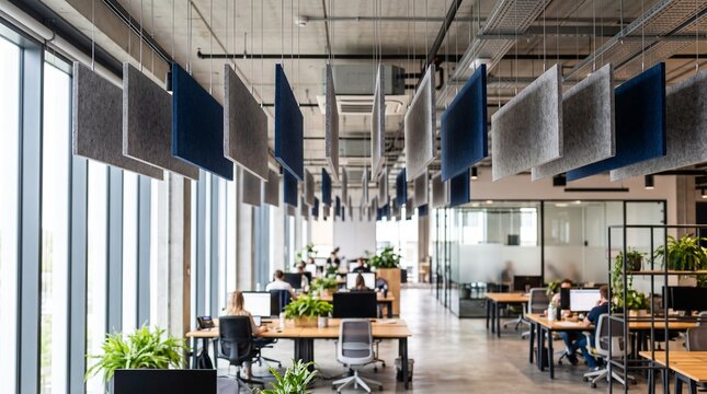 Modern open plan office interior with acoustic ceiling panels and natural light.