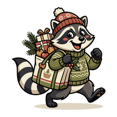 Fototapeta premium Festive raccoon in a Christmas sweater carrying a sack full of holiday gifts and treats