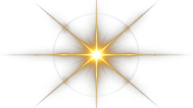 Golden starburst light effect, glowing sun flare with radial rays, bright yellow sparkle element on white background for graphic design