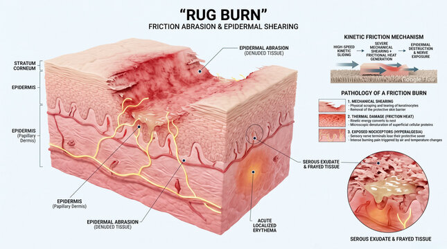 Educational medical infographic illustration showing human skin layers damaged by rug burn friction featuring detailed cellular anatomy and painful inflammation