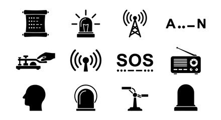 Communication Icons Set: Morse Code, Radio, Signal Tower, Alert Lights, SOS, Head Silhouette, Vector Graphics for Broadcast, Technology, and Emergency Services © Habib