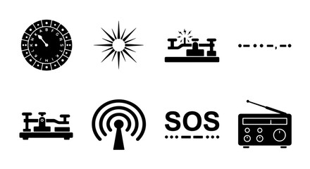 Communication Icons: Morse Code, Radio, Sunburst, Clock, SOS Signal, Wireless Transmission, Vintage Telegraph Key © Habib