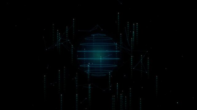 Abstract digital globe with binary code streams and network connections on a dark background