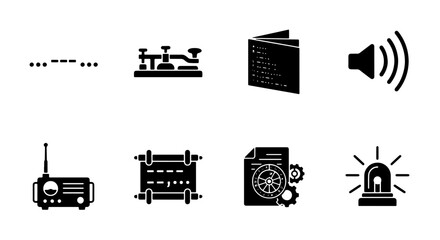 Communication Icons Set: Morse Code, Telegraph, Radio, Speaker, Scroll, Document, Siren, Book - Technology and Information Symbols © MdRakib