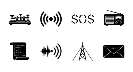 Communication Icons Set: Morse Code, Radio Waves, SOS Signal, Vintage Radio, Message Scroll, Sound Wave, Antenna Tower, Envelope Vector Graphics © MdRakib