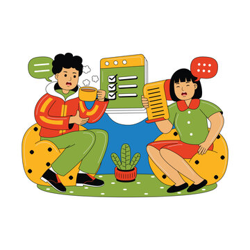 Man and Woman Discussing Work in Casual Office Flat Illustration