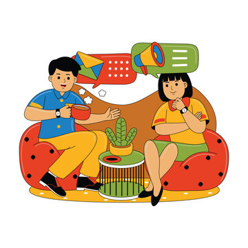 Man and Woman Communicating in Office Lounge, Flat Illustration