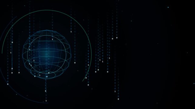 Digital globe with binary code data stream on dark background