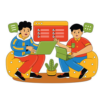 Two People Working on Laptops with Checklist Illustration