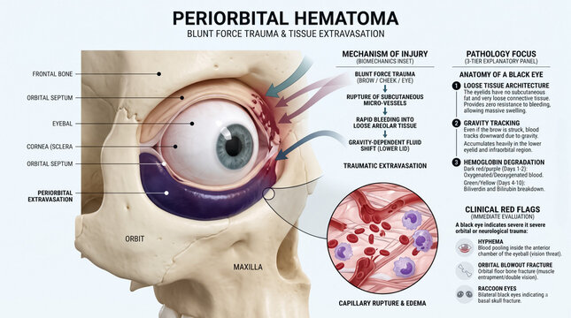 Detailed medical illustration showing human orbital anatomy with periorbital hematoma and mechanisms of blunt force trauma and tissue damage progression