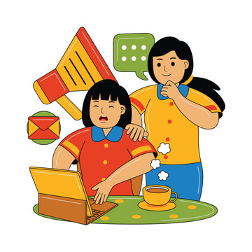 Woman and Girl Working on Laptop Together, Flat Design Illustration