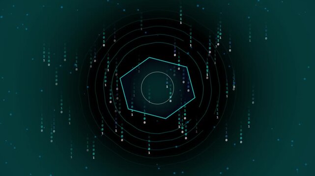 Abstract digital background with glowing binary code and geometric shapes