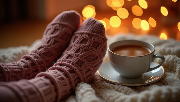 Cozy socks with diamond knit pattern on resting feet beside steaming cup of hot chocolate on knitted blanket, warm bokeh lights creating intimate mood, cozy socks styled for winter comfort shoots,