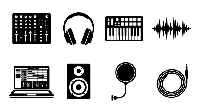 Music Production Icons Set: Audio Mixer, Headphones, Keyboard, Soundwave, Laptop DAW, Speaker, Pop Filter, Cable