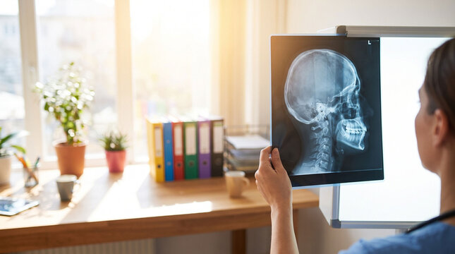 Skull x-ray lateral view showing a profile of the human head on a high resolution medical monitor. This detailed scan is used for neurology research and diagnostic imaging education.