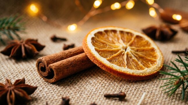 Festive Dried Orange Slices Cinnamon and Star Anise on Jute with Fairy Lights