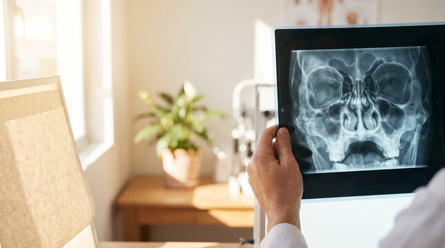 Sinus x-ray scan held by a doctor for diagnostic evaluation of facial bone structures. This radiograph is suitable for ent clinic brochures and medical imaging technology presentations.