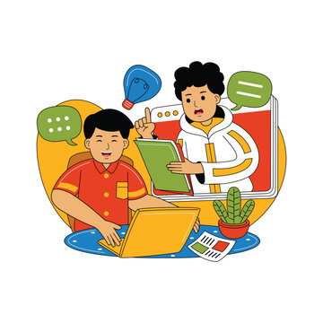 Student and Mentor Interacting via Computer Screen Illustration