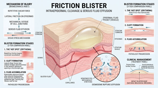 Anatomical illustration of human skin friction blister formation showing cross section layers with serous fluid accumulation and detailed cellular damage