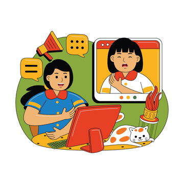 Girl Working from Home on Video Call Illustration