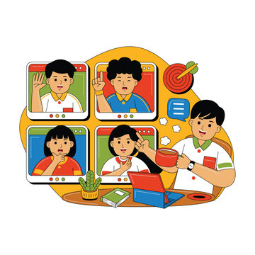 People in Video Conference Call Flat Illustration