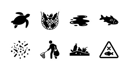 Fototapeta premium Ocean Pollution Icons Set, Marine Debris, Environmental Hazard Symbols, Turtle, Fish, Plastic Waste, Oil Spill, Cleanup Vector Graphics