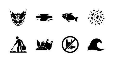 Fototapeta premium Ocean Pollution Icons: Plastic Waste, Fishing Net Debris, Contaminated Water, Marine Life Impact, Beach Cleanup, Wave Icon Set