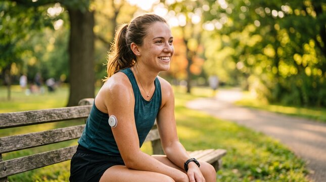 Young woman with glucose monitor rests on park bench after exercise
