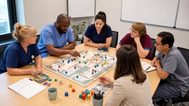 Hospital care workers and scheduler use shift tokens to balance safe staffing, rest periods and training time on a physical ward model