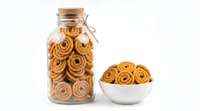 Traditional Golden Murukku Snacks in Glass Bottle and Bowl