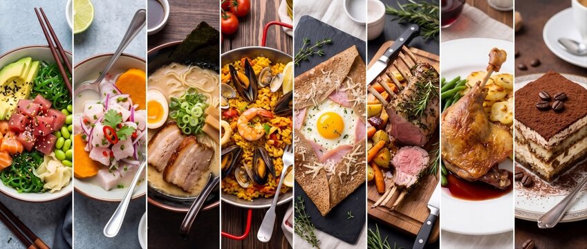 International Cuisine Collage Banner: Poke Bowl, Ceviche, Tonkotsu Ramen, Seafood Paella, French Galette Complete, Roasted Rack of Lamb, Duck Confit, and Tiramisu Gourmet Food Dishes Assortment