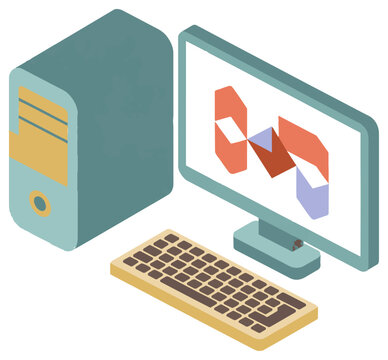 Isometric desktop computer setup with a flat panel monitor tower and keyboard in a minimal geometric style on white background Modern technology concept