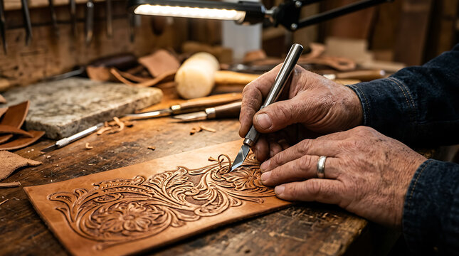Craftsman hands carving floral pattern on leather piece with knife close up