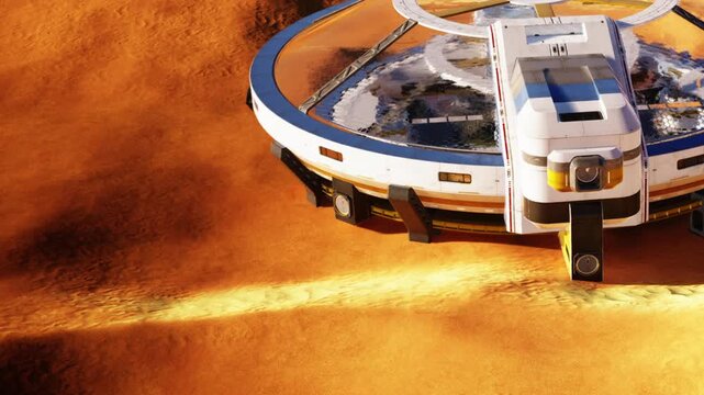 A structure stands on the red soil of Mars under a clear sky. The base has large circular features and ramps. Dust and hills can be seen far away in the landscape.