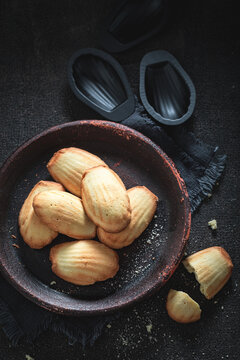 Fresh Madeleine cookies prepared with flour, eggs, sugar, butter.
