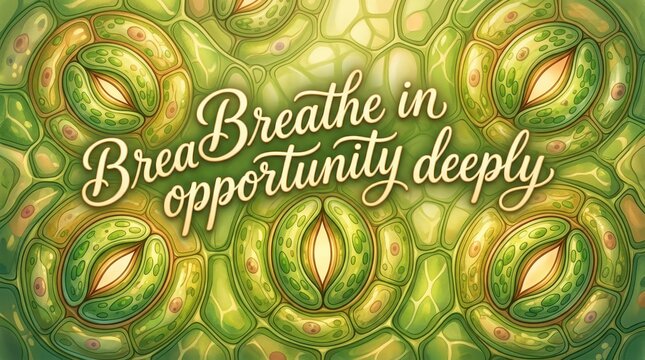 Inspirational quote "Breathe in opportunity deeply" with a close-up view of plant stomata on a green background