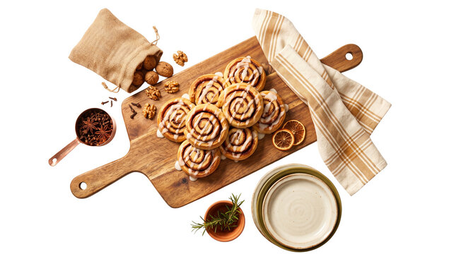 Fresh cinnamon rolls with white icing on wooden board. Sweet pastry buns with walnuts and spices. Rustic bakery breakfast scene. isolated PNG with Transparent Background