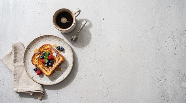 Golden brown French toast topped with fresh berries and powdered sugar, served with coffee for National French Toast Day